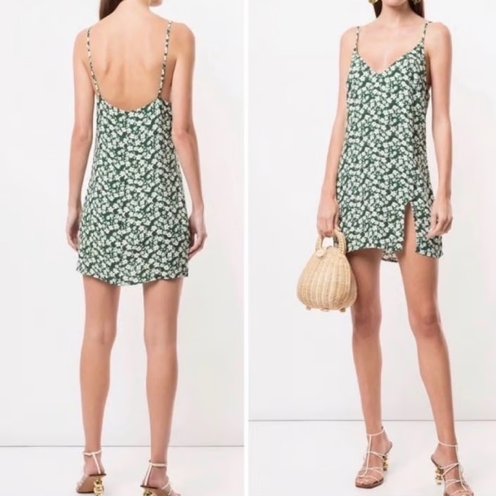 📌 Reformation Marlowe Mini Floral Sleeveless Dress In Cilantro Green & White